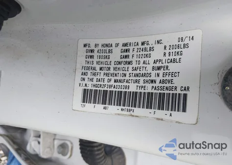 2015 Honda Accord Lx из США, поврежденный, VIN 1HGCR2F39FA030389